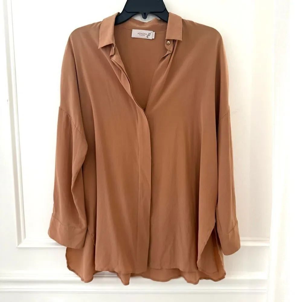 Agnona 100% Silk Tan Button-Up Blouse in Tan Sz Medium, NWT